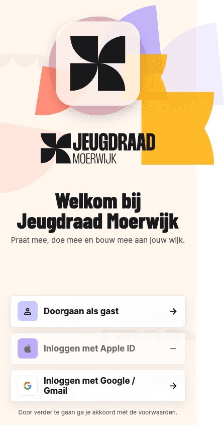 Welcome screen of the Jeugdraad Moerwijk app